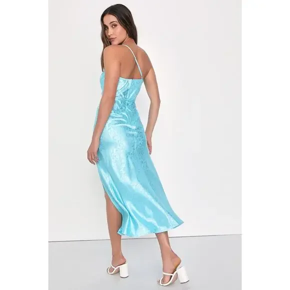 Lulus Blue Floral Jacquard One-Shoulder Midi Dress Sz M $88 MSRP - Picture 3 of 5